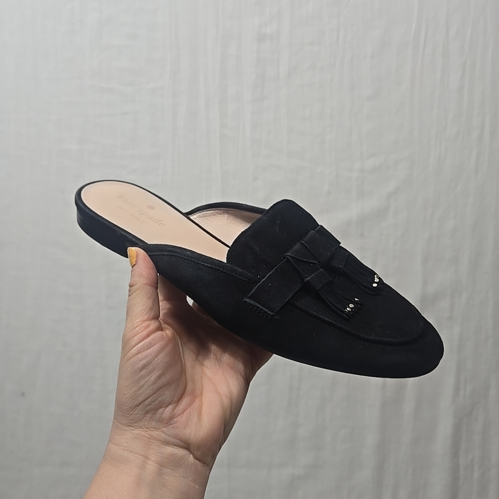 Kate Spade Berkeley Fringe Black Loafer Slides Women’s Size‎ 9.5 B Leather Mules